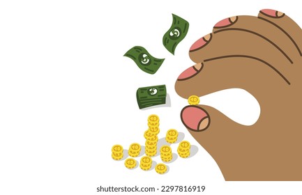 Manos gigantes sosteniendo monedas de oro diminutas. Manos de Giant. El concepto de negocio, tienda, dinero, salario. Ilustración vectorial de moda a mano. Estilo de caricatura. Plantillas para diseño de banners, sitios web