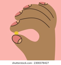 Giant hands holding tiny gold coins. Giant's hands. The concept of business, shop, money, salary. Hand-drawn fashionable vector illustration. Cartoon style. Templates for banner design, websites