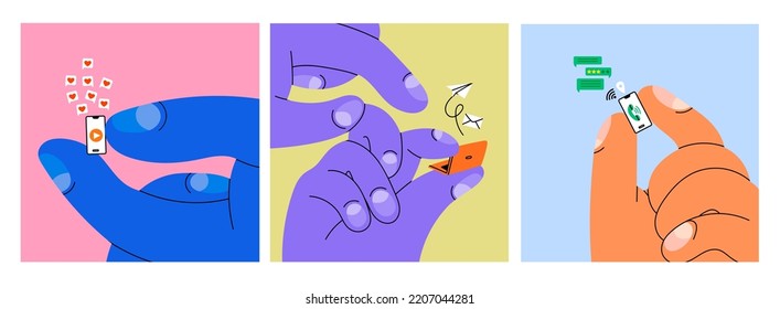 Giant hands holding tiny laptop and smartphone. Communication, mailing, chatting, social media addiction concept. Hand drawn trendy Vector illustration. Cartoon style. Banner, website design templates