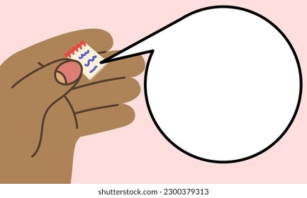 Giant hands holding tiny notebooks with notes, a cloud with text magnification. Giant's hands. Records, information. Hand-drawn fashionable vector illustration. Cartoon style. Template for banners