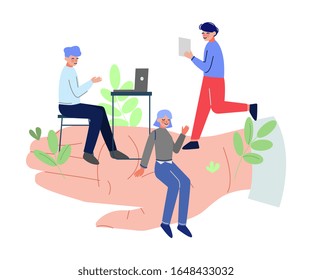 Manos gigantes sujetando a pequeños trabajadores de oficina, protección de empleados de negocios, crecimiento profesional, personal personal y vectores de beneficios Ilustración