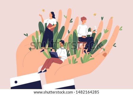 Giant hands holding tiny office workers. Concept of employee care, wellbeing at work or workplace, perks and benefits for personnel, support of professional growth. Flat cartoon vector illustration.