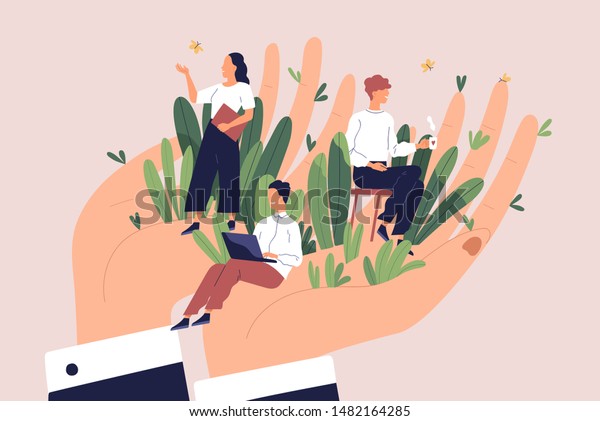 Giant hands holding tiny office workers.\
Concept of employee care, wellbeing at work or workplace, perks and\
benefits for personnel, support of professional growth. Flat\
cartoon vector\
illustration.