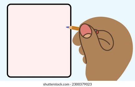 Manos gigantes sujetando un pequeño lápiz y quieren hacer un registro. Manos de Giant. Registros, información, orden. Ilustración vectorial de moda a mano. Estilo de caricatura. Plantillas para diseño de banners