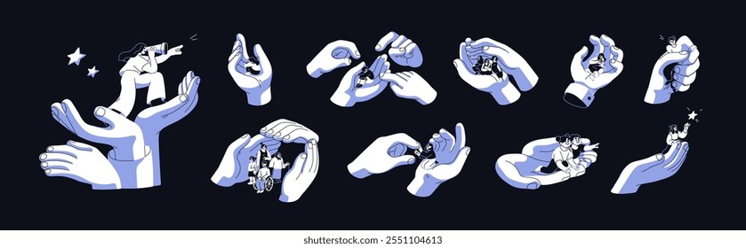 Manos gigantes sosteniendo a personas pequeñas, conjunto de conceptos de psicología. Asistencia, atención y ayuda, maltrato y violencia. Palmas que protegen, culpan, agreden e inspiran. Ilustraciones vectoriales planas conceptuales aisladas