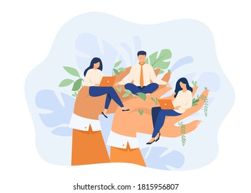 Giant hands holding working employees. Employer taking care about workers. Vector illustration for growing professionals, corporate support, career, benefits concept