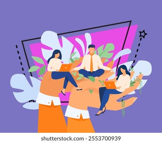 Giant hands holding working employees. Employer taking care about workers. Vector illustration for growing professionals, corporate support, career, benefits concept