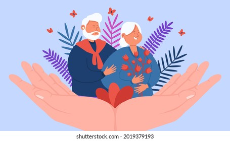 Giant hands supporting happy adult couple. Medical help for parents or senior patients flat vector illustration. Elderly care, wellness, family, reconciliation concept for banner or landing web page