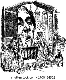 Giant Head in Window, this scene shows a giant head in window and a giant kissing hand of female through her window, other females and little boy standing near her, vintage line drawing or engraving.
