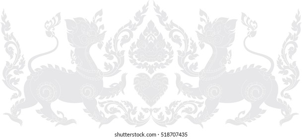Giant heart protectors, floral  twins lions with giant face and heart vector, images, patterns, tattoos, stickers, backgrounds / southeast asia art design