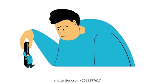 Giant Holding Pen with Scared Tiny Person – Flat Illustration Concept