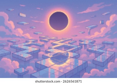 A giant hourglass stands above a desert river reflecting a submerged clock tower. Time and illusion blend in this surreal pixel art.