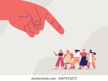 A giant human hand is pointing at a group of women. The concept of discrimination, misogyny, abuse and harassment.