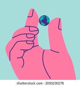 Giant human holds small planet Earth with two fingers. As a symbol of the fragility of the world. Eco friendly and sustainable ecosystem creation.