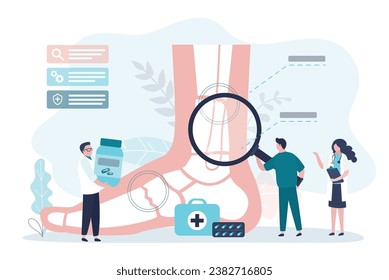 Giant human leg with trauma. Broken leg, traumatologist appointment. Group of traumatologists researching, diagnosis and help. Treatment, health care. flat vector illustration