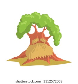 Giant humanized oak with long beard. Old green forest tree. Natural landscape element. Flat vector design