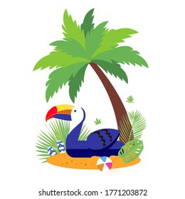 Giant inflatable Blue Tucan on the sunny beach. Pool float toy, ball and palm tree. Summer holidays. Sunny days. Holidays. Time to travel.