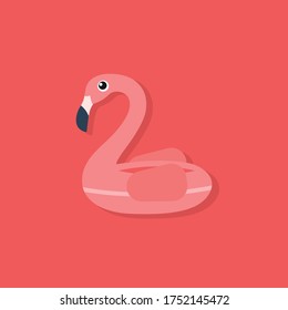 Giant inflatable Flamingo on a ping background, pool float party, trendy summer concept. Pink flamingo, tropical bird shape inflatable swimming pool ring, tube, float. Summer vacation. EPS10, top view
