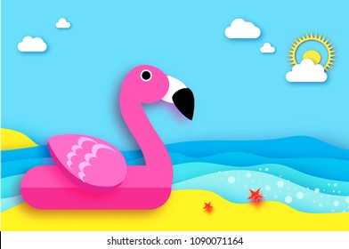 Giant inflatable Pink Flamingo in paper cut style. Origami Pool float toy on the sunny beach with sand and crystal clear blue sea water. Summer holidays. Sunny days.