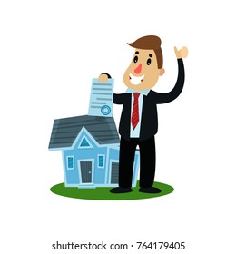 Giant insurance agent showing document standing near small house, property insurance vector Illustration
