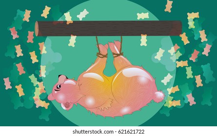 A giant jelly bear is tied up. Funny sweets concept.  Vector illustration
