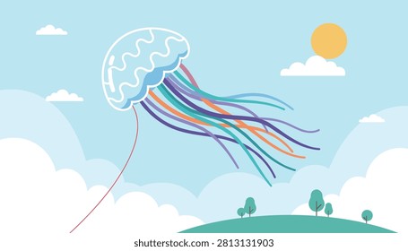 Giant jellyfish-shaped kite with long multicolored tentacles flying high in the blue sky among sun and white clouds.