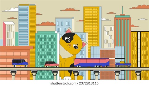 Giant kitten 2D linear illustration concept. Feline pet peeking side building city cartoon scene background. Gigantic cute cat watching over riding cars metaphor abstract flat vector outline graphic