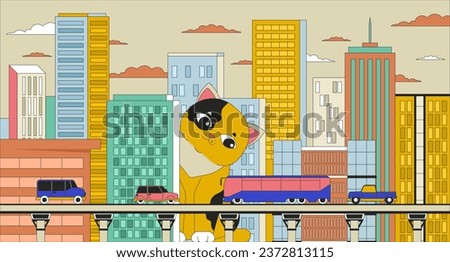 Giant kitten 2D linear illustration concept. Feline pet peeking side building city cartoon scene background. Gigantic cute cat watching over riding cars metaphor abstract flat vector outline graphic