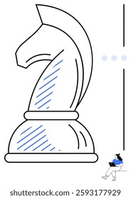 Giant knight chess piece next to a person working on a laptop. Ideal for business strategy, decision-making, innovation, creativity, planning, gaming, productivity themes. Line metaphor