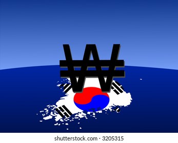 símbolo gigante surcoreano Won con mapa y bandera de Corea del Sur desde el espacio
