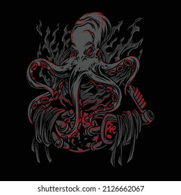 Giant Kraken character illustration with neon color style