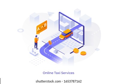 Giant laptop, taxicab riding along road towards destination point and man holding smartphone. Internet taxi service application for mobile phone and computer. Modern isometric vector illustration.