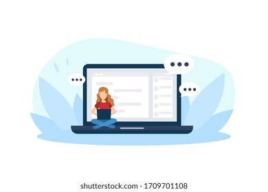 Giant Laptop, Tiny Young Woman Sitting with Crossed Legs and Working with Computer Vector Illustration