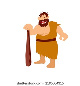 Gigante. Un gran hombre de caverna con un garrote, vestido de cuero.  Carácter prehistórico de Clipart. Ilustración plana vectorial, estilo de dibujos animados