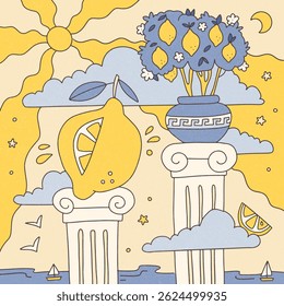Giant Lemon and Lemon Tree on Antique Columns on Mediterranean Shore in Trippy Doodle Style. Vintage summer vibe. Flat hand drawn vector illustration