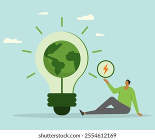 Giant light bulb symbol of globe and clean energy. Man holding electric energy symbol. Earth day, save energy, earth hour and environmental protection. Flat vector illustration. 