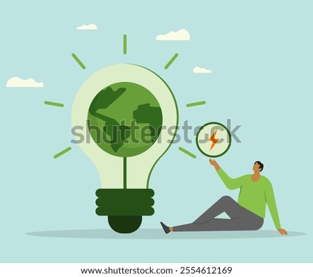 Giant light bulb symbol of globe and clean energy. Man holding electric energy symbol. Earth day, save energy, earth hour and environmental protection. Flat vector illustration. 
