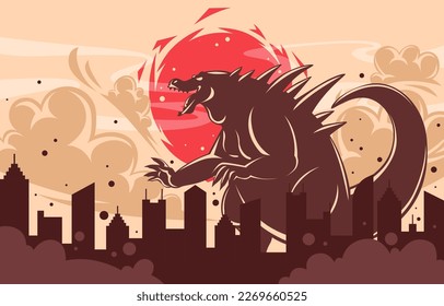 Giant Lizard Reptile Monster Attacking City Background Concept