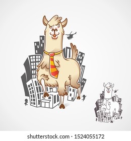 giant llama or alpaca wearing a tie mascot logo illustration. flat design style, city, downtown, skyscraper, building, llama illustration. t shirt design and template - vector