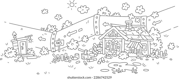 Giant magistral gas pipeline and an old village house with stove heating surrounded by chopped firewood for a long cold winter, black and white outline vector cartoon illustration