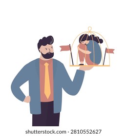 Giant man holds small cage with sad woman inside, flanked by red flags. Dominance and control in toxic relationship. Concept of emotional abuse, isolated partner, loss of freedom. vector illustration