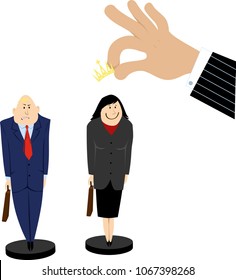 Giant managerial hand putting a crown on a head of a female pawn employee, upsetting a male pawn, EPS 8 vector illustration 