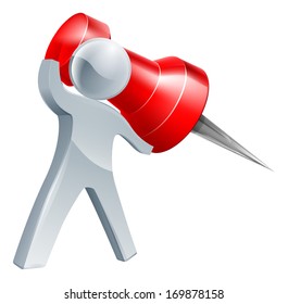 Giant map pin man about to pin something with a giant red map pin