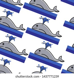 Giant marine mammal Norway whale in ocean seamless pattern vector Norwegian symbol animal fountain from head hole fish tail and fins sea endless texture traveling and tourism fauna wallpaper print.