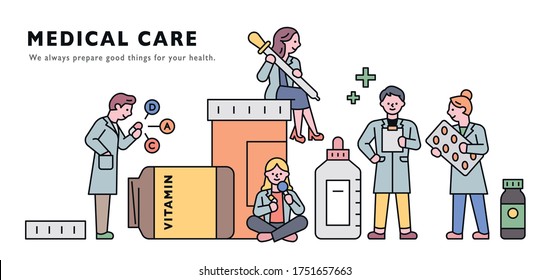 Giant medicine bottles and doctor characters around them. Horizontal banner concept. flat design style minimal vector illustration.