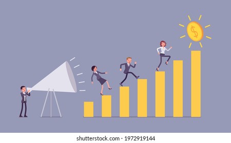 Giant megaphone motivational speech for entrepreneurs, workers, growing bar chart. Enthusiastic man crying, large bullhorn training move for profit achievement. Vector flat style cartoon illustration