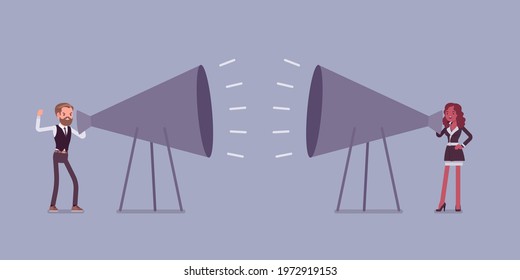 Giant megaphone shout out, man, woman shouting at each other. Motivational speech, business debate or discussion, emotional communication in financial conflict. Vector flat style cartoon illustration