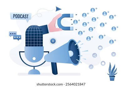 Giant mic. Blogger or radio station attract new followers and subscribers. Radio host hand uses magnet and loudspeaker, promotion campaign, marketing. Media character create media content. flat vector