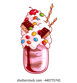 Giant milkshake with candies, waffle and vanilla cream. Monstershake in cocktail jar. Vector cartoon illustration isolated on a white background.