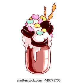 Giant milkshake with chocolate cookies, marshmallows and chocolate ice cream. Monstershake in cocktail jar. Vector cartoon illustration isolated on a white background.